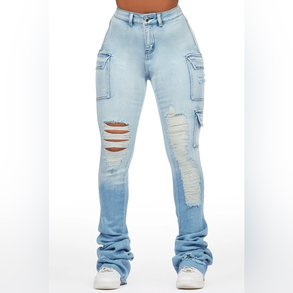 Rockstar Original Vixen Light Wash Distressed Cargo Super Stacked Jean